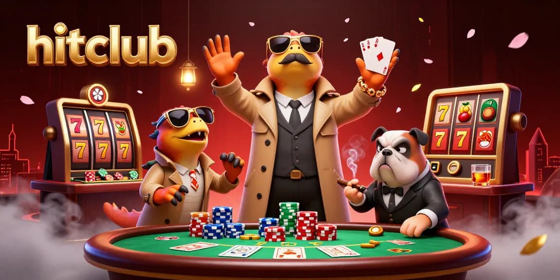 hitclub players enjoying casino fun with cartoon raptors in trench coat and poker elements.
