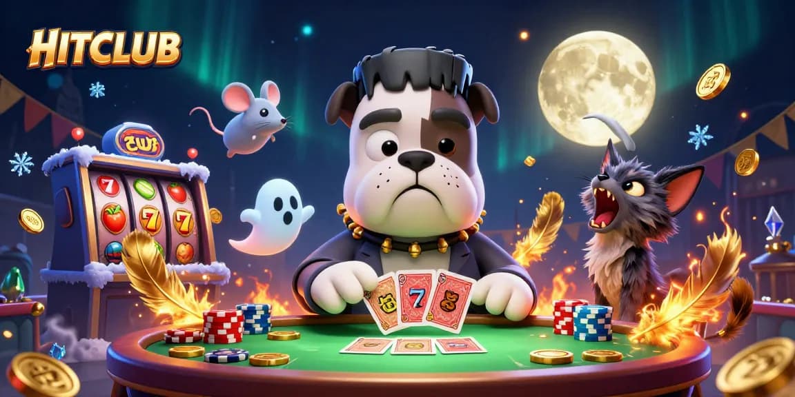 Bets fly at HITCLUB as a 3D cartoon Frankenstein bulldog deals cards amidst scattered coins and slot symbols.