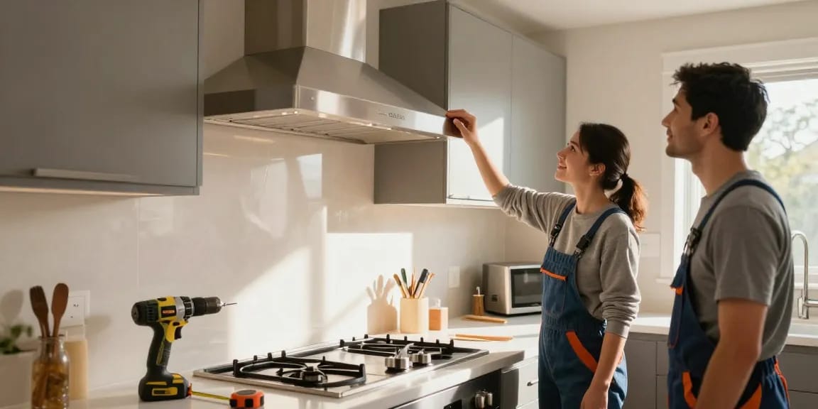 Engaging exhaust hood installation process in a modern kitchen