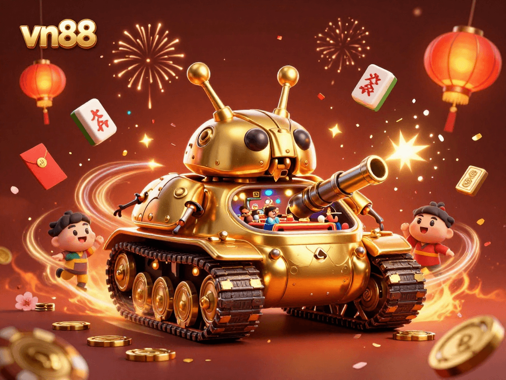 Experience the excitement of vn88 with a vibrant 3D casino scene full of action and game elements.