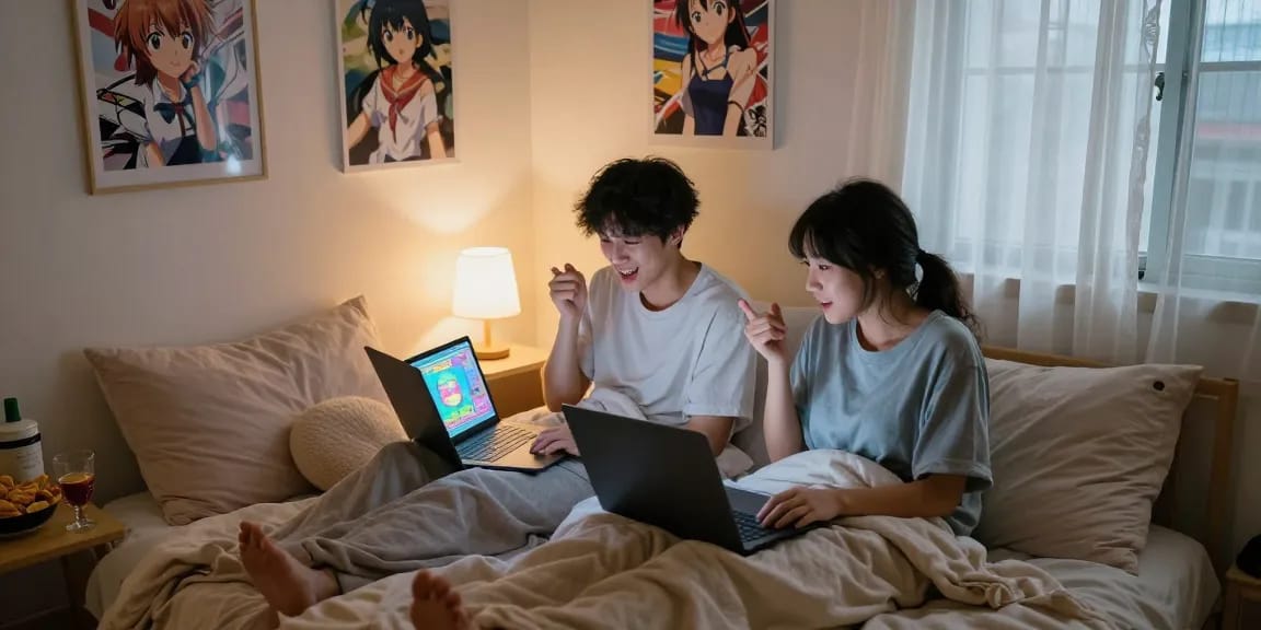 Couple enjoying hentaigames on laptops in cozy bedroom environment