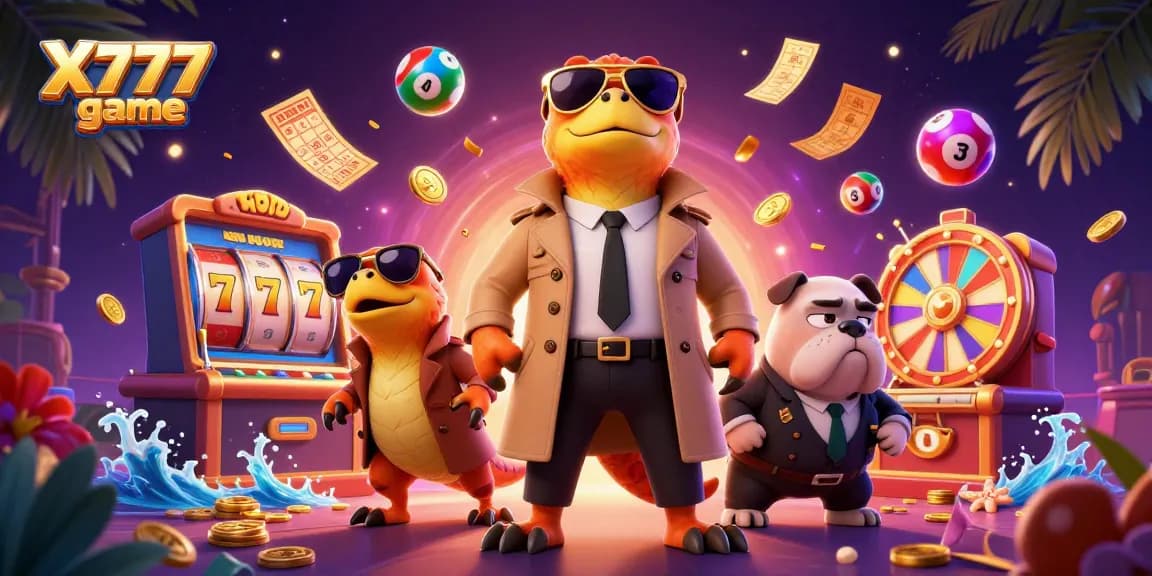 X777 game showcases playful raptors entering a VIP casino with colorful gaming elements around them.