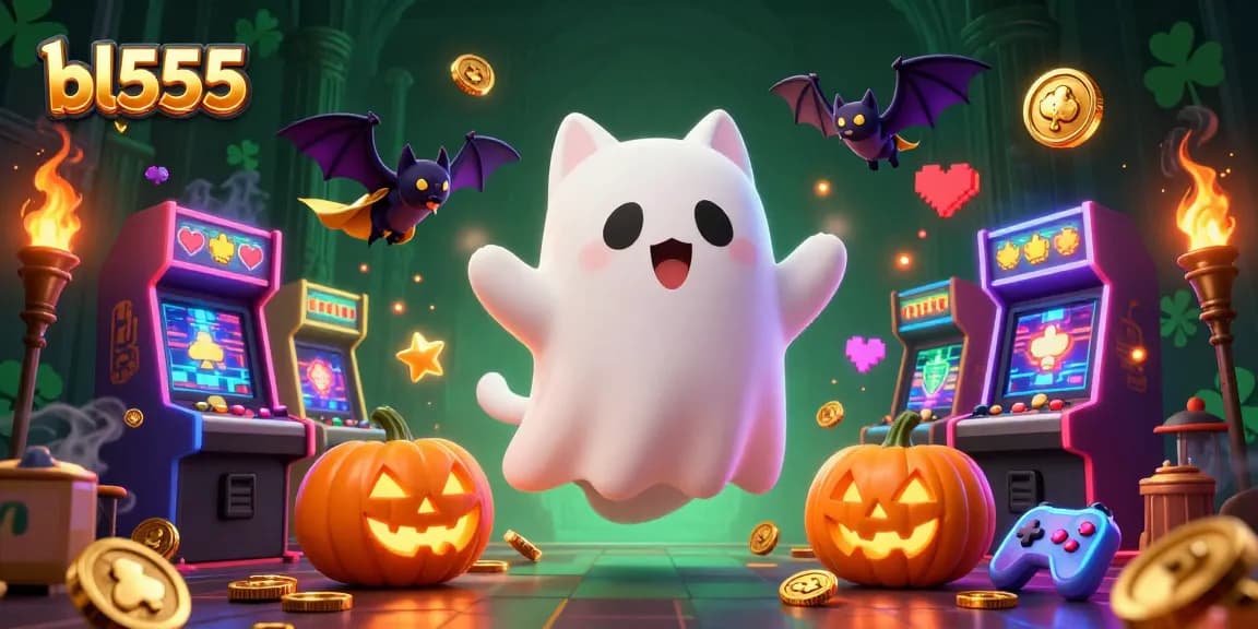Experience gaming excitement with bl555 in this lively haunted casino scene featuring playful characters.