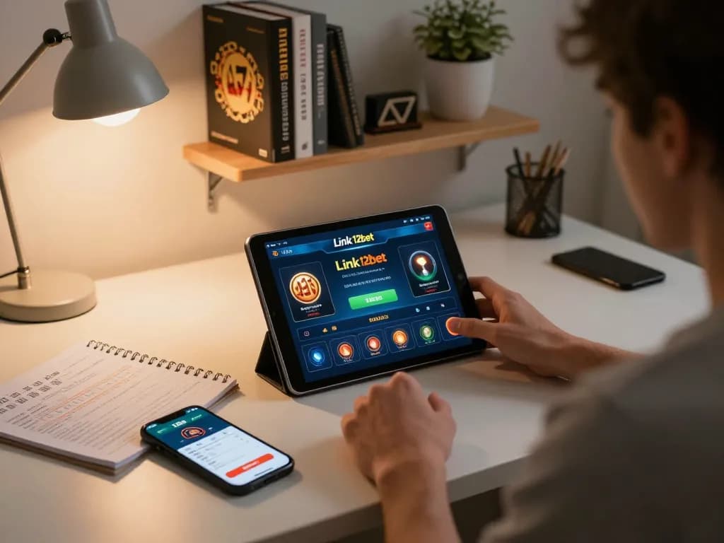 Người chơi tham gia sử dụng Link 12bet trên máy tính bảng tại nhà, xung quanh là những ghi chú chiến lược cá cược và không gian ấm cúng.