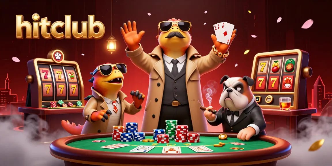 hitclub players enjoying casino fun with cartoon raptors in trench coat and poker elements.