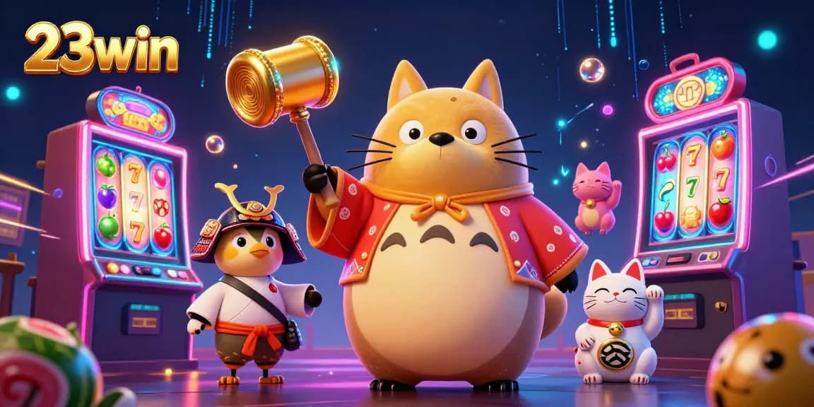 Experience the vibrant games at 23win with cheerful raccoon and colorful slot machines.