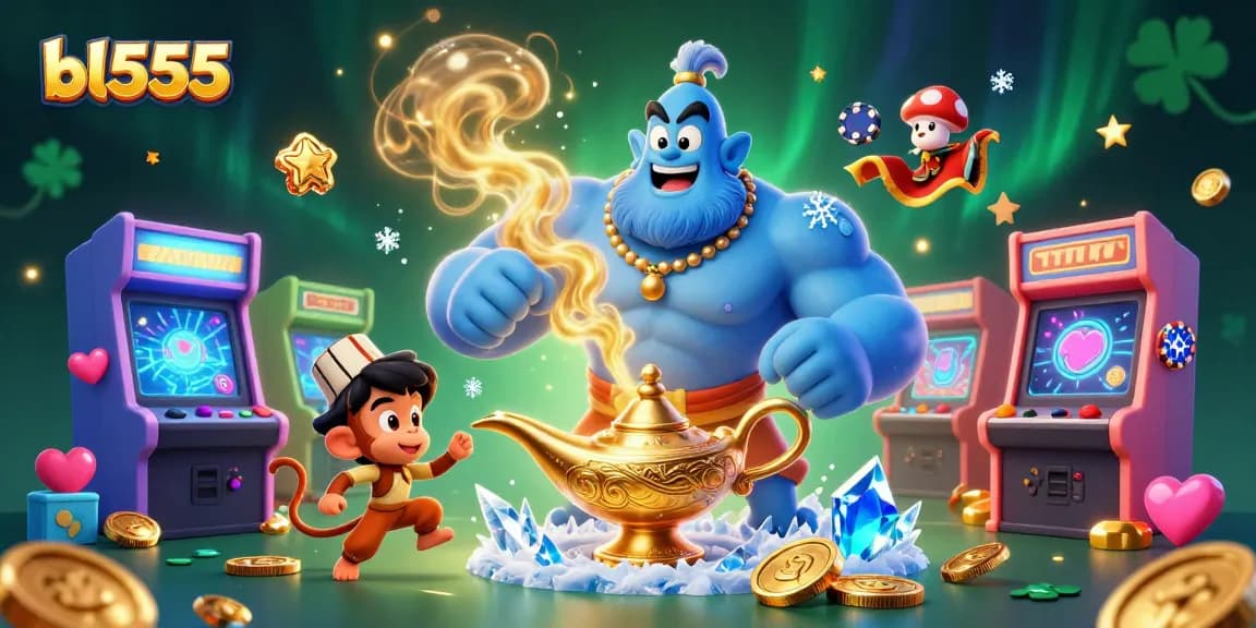 Engage in the vibrant world of bl555 with a colorful casino scene featuring a genie and magical elements.