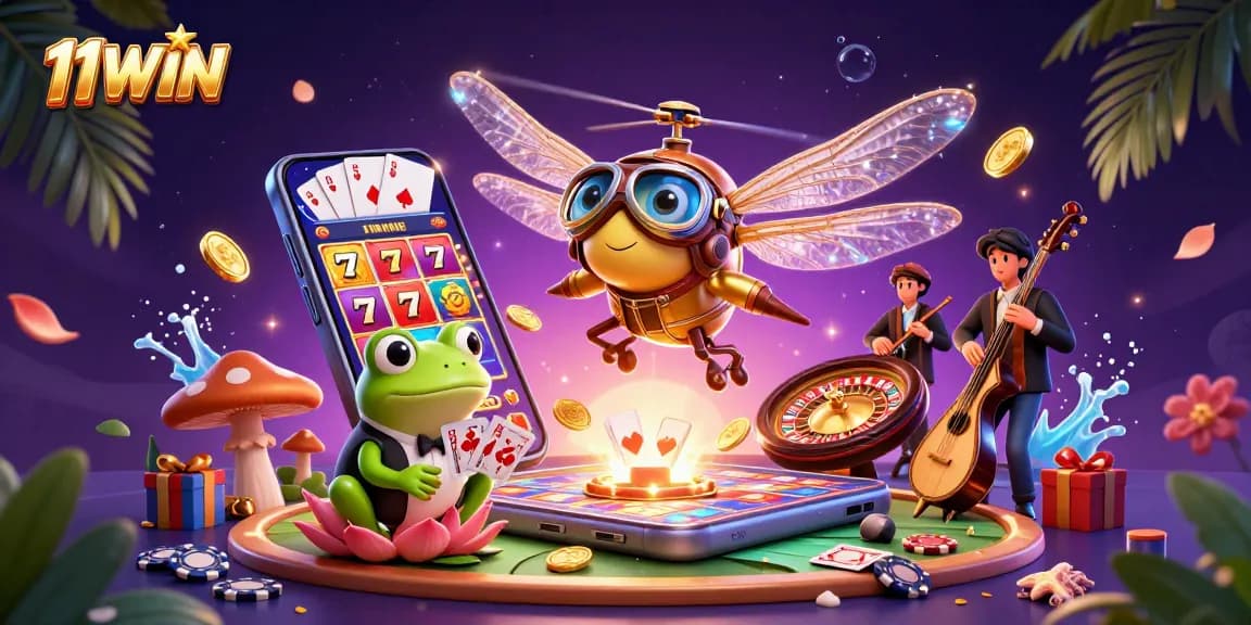 Spin colorful slots and win at 11WIN with vibrant 3D casino illustration featuring engaging characters.
