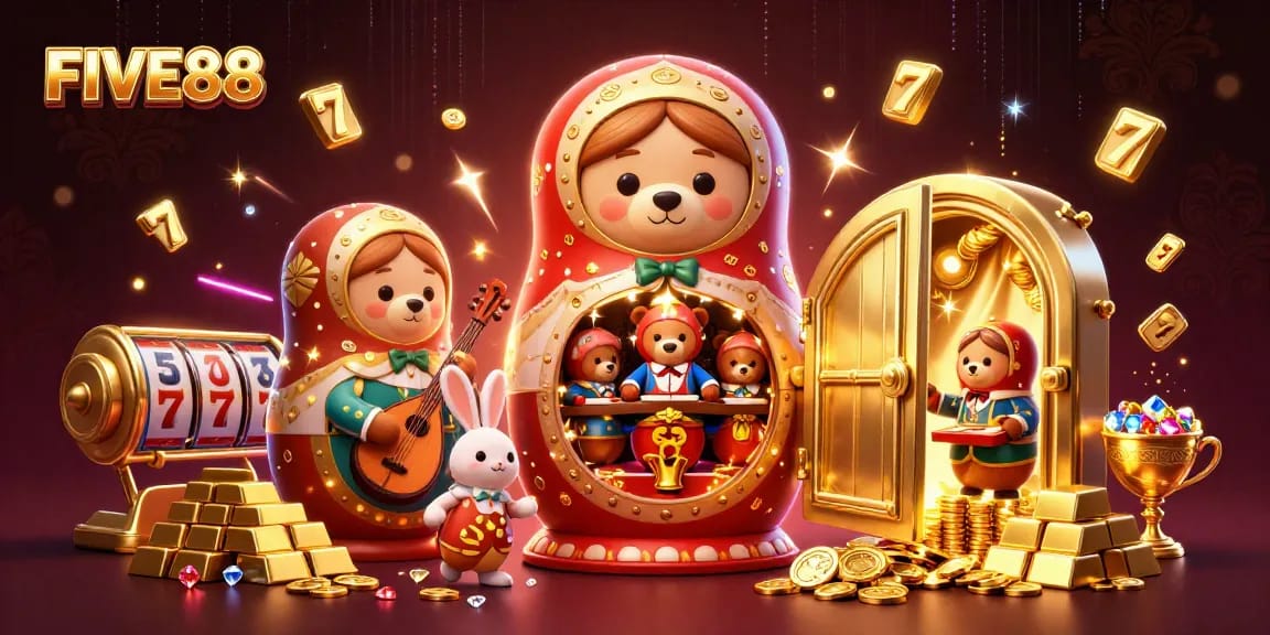 FIVE88 casino illustration featuring vibrant 3D cartoon bears in dealer outfits, and treasure elements