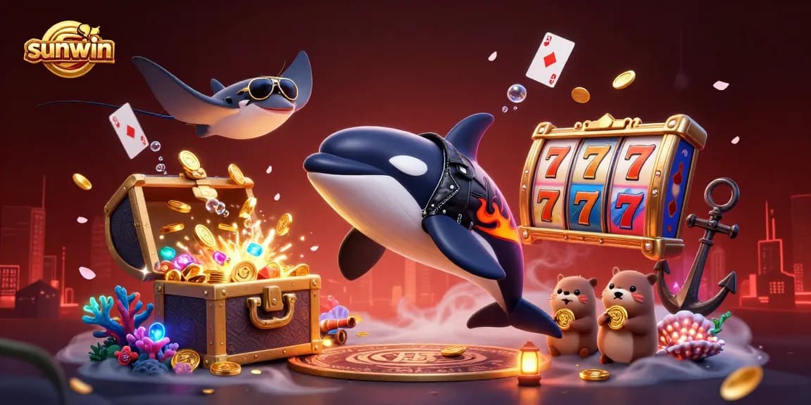 Experience sunwin with captivating 3D illustrations showcasing vibrant slot games, sea creatures, and dynamic casino elements.