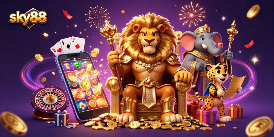 Spin to win at sky88 with vibrant slot games and royal treasures in an exciting 3D illustration.
