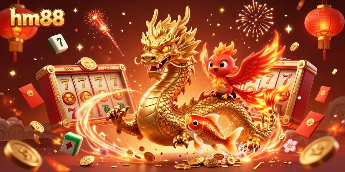 Experience dynamic gameplay at hm88 with a golden dragon, phoenix, and koi amidst a festival of gaming elements.