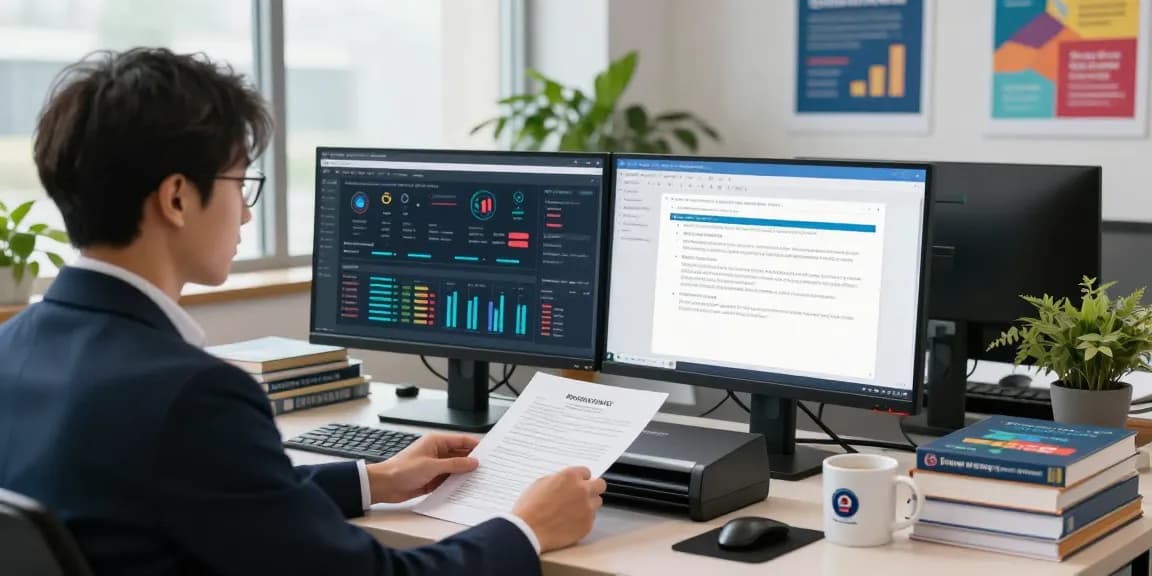 Office scene showing compliance analyst focused on document fraud detection analysis through dual monitors and documents.