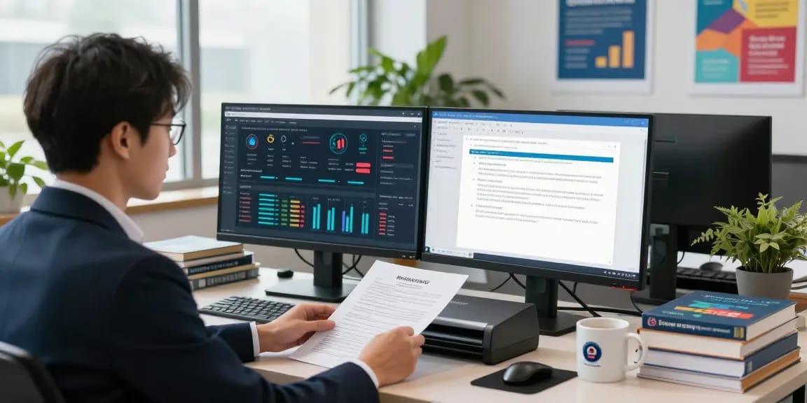 Office scene showing compliance analyst focused on document fraud detection analysis through dual monitors and documents.