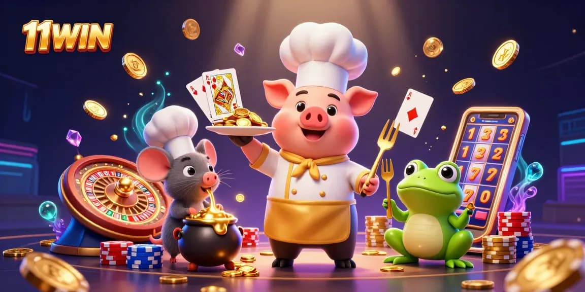 Experience thrilling moments with 11WIN’s vibrant casino characters in a colorful, dynamic scene.