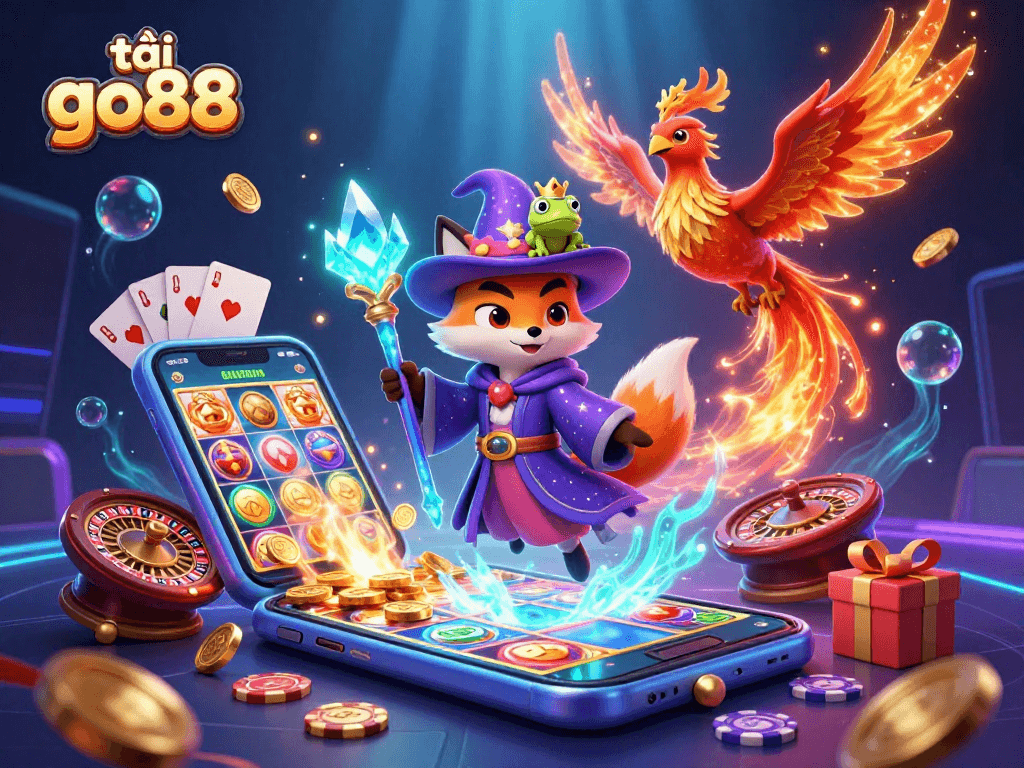 Engage in thrilling gameplay with tải go88, featuring a whimsical wizard fox and phoenix amidst a rich casino environment.