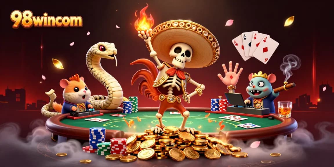 Engage with 98wincom's vibrant gaming scene featuring lively casino characters dancing on gold coins.