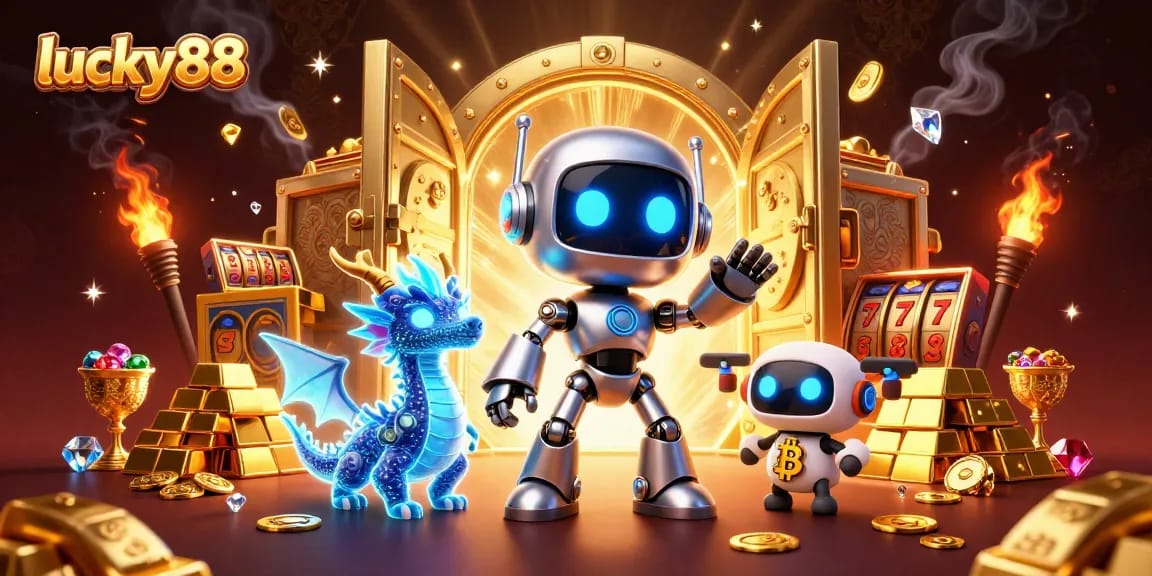 Engage with lucky88's immersive 3D casino experience, showcasing vibrant characters and gold-filled treasures.