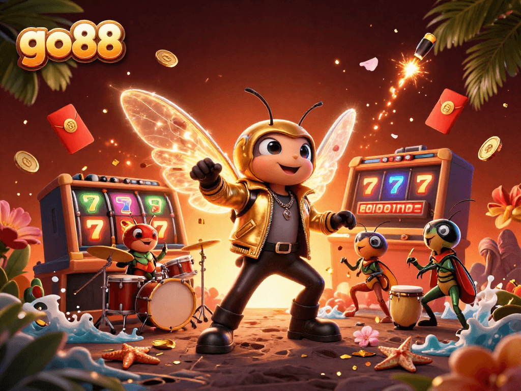 Experience the excitement of go 88 with thrilling characters celebrating casino wins amidst vibrant symbols.