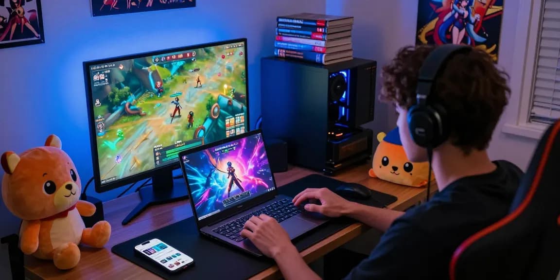 Immersive gaming experience with a player enjoying HTML hentai games on a laptop in a cozy, tech-savvy environment.