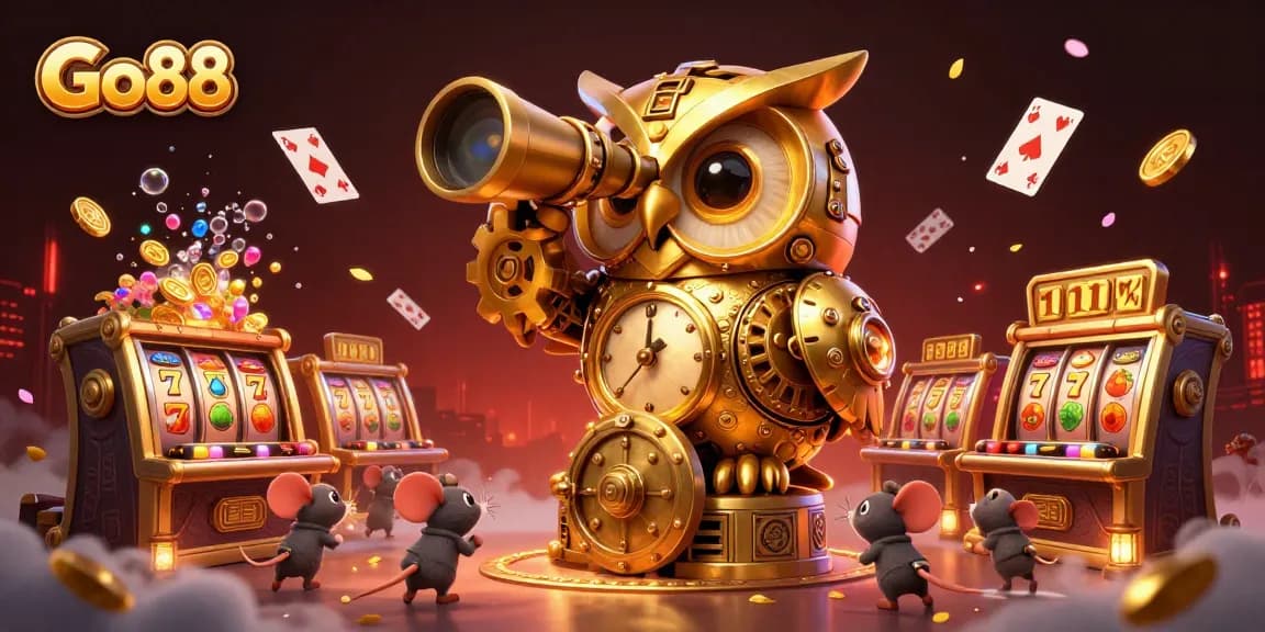 Engage with Go 88's vibrant casino scene featuring a clockwork owl scanning slot machines amidst gold treasure.