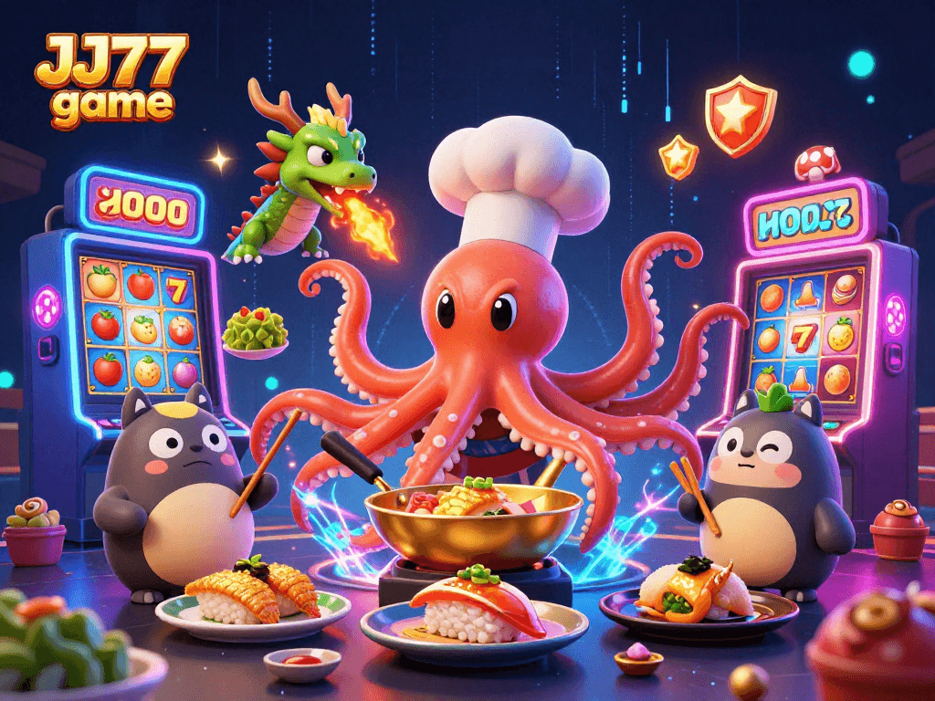 Experience the thrill of JJ77 game with vibrant characters and casino elements in a dynamic 3D scene.