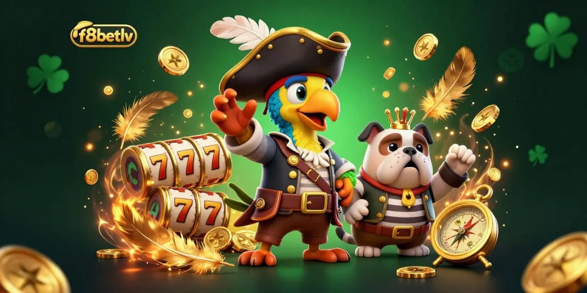 Engage in thrilling action at f8betlv with the pirate captain, bulldog first mate, and cat navigator among slot symbols and gold coins.