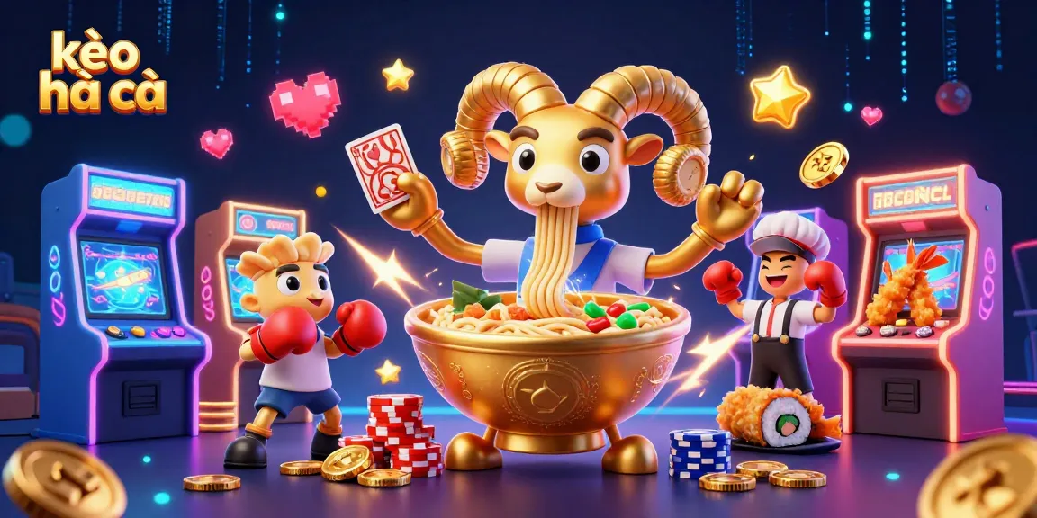 Kèo nhà cái offers card dealing with creative casino elements, featuring a giant ramen bowl and sushi character.