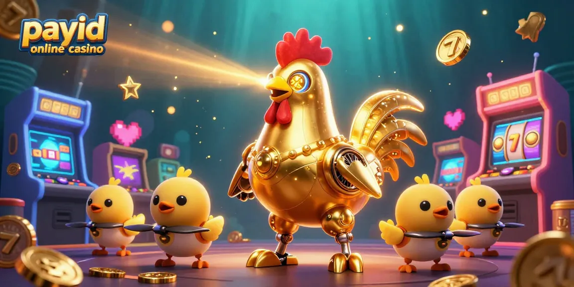 Experience the excitement at a payid online casino with vibrant arcade machines, a golden rooster robot, and dynamic gaming elements.