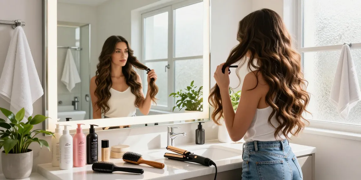 Woman applying best clip in hair extensions in stylish bathroom setting with hair care products and natural light.