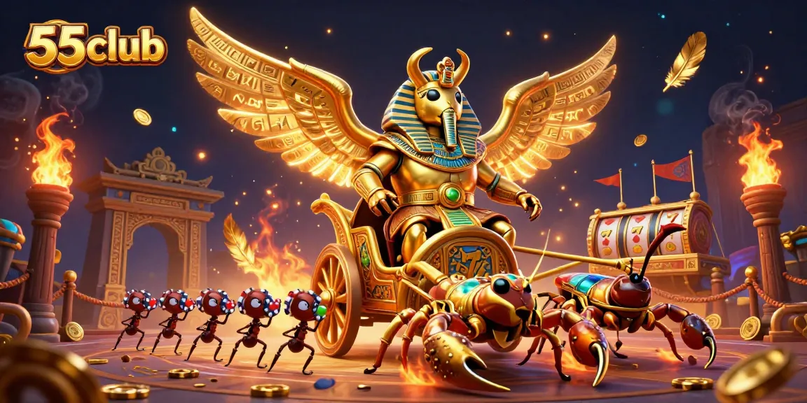 Experience 55club's vibrant casino atmosphere with a golden beetle, scorpions, and poker chips.