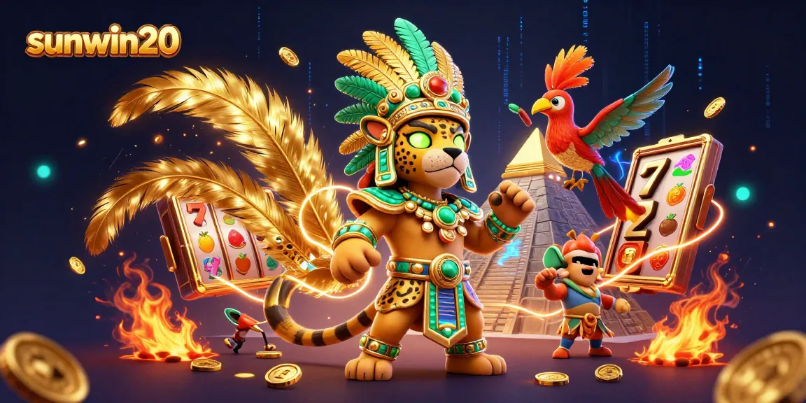 Engage with vibrant slot gaming elements featuring sunwin20 in a dynamic 3D casino illustration.
