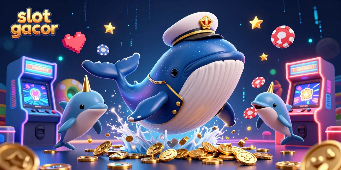 Engage with the vibrant slot gacor scene featuring a whale, narwhal, and dolphins among glowing casino elements.