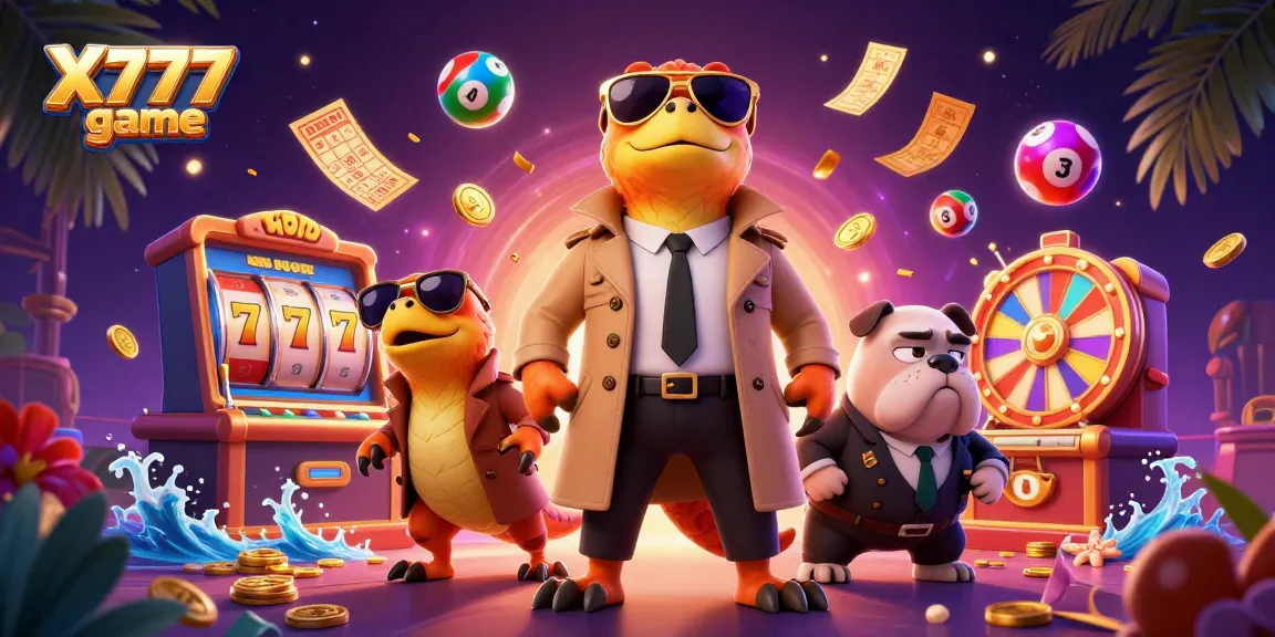 X777 game showcases playful raptors entering a VIP casino with colorful gaming elements around them.