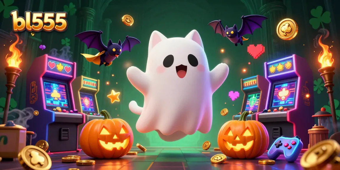Experience gaming excitement with bl555 in this lively haunted casino scene featuring playful characters.