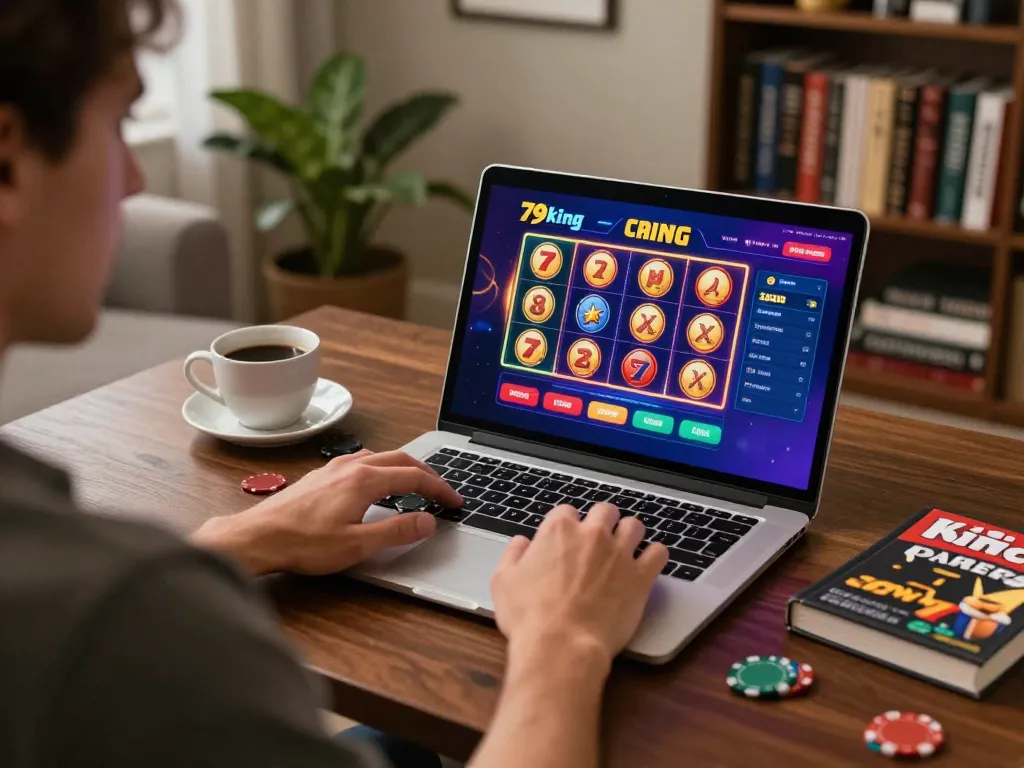 Player betting on exciting slots and games at 79king online casino, showcasing home gaming setup.