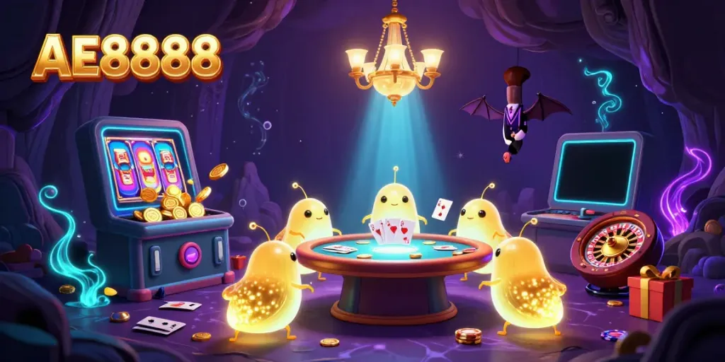 Engage with AE8888 at a lively casino, featuring glowing elements and exciting gaming action.