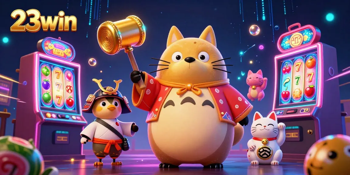 Experience the vibrant games at 23win with cheerful raccoon and colorful slot machines.