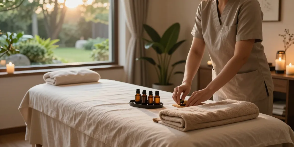 Relaxing 성남출장마사지 scene with a therapist preparing a tranquil space for healing.