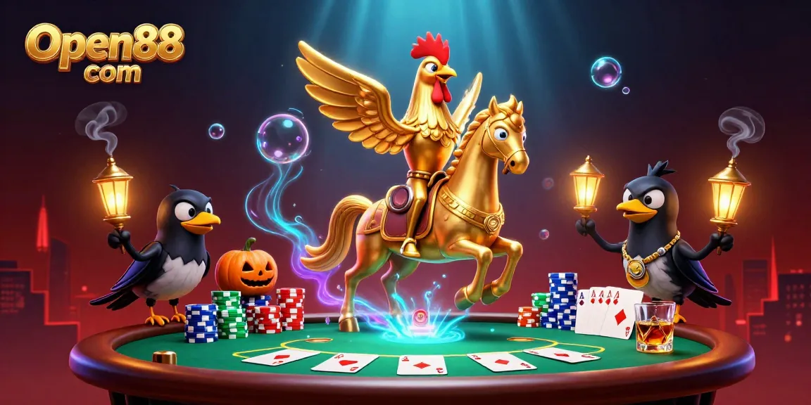 Experience Open88 com in a vibrant casino scene filled with poker elements and energetic characters.
