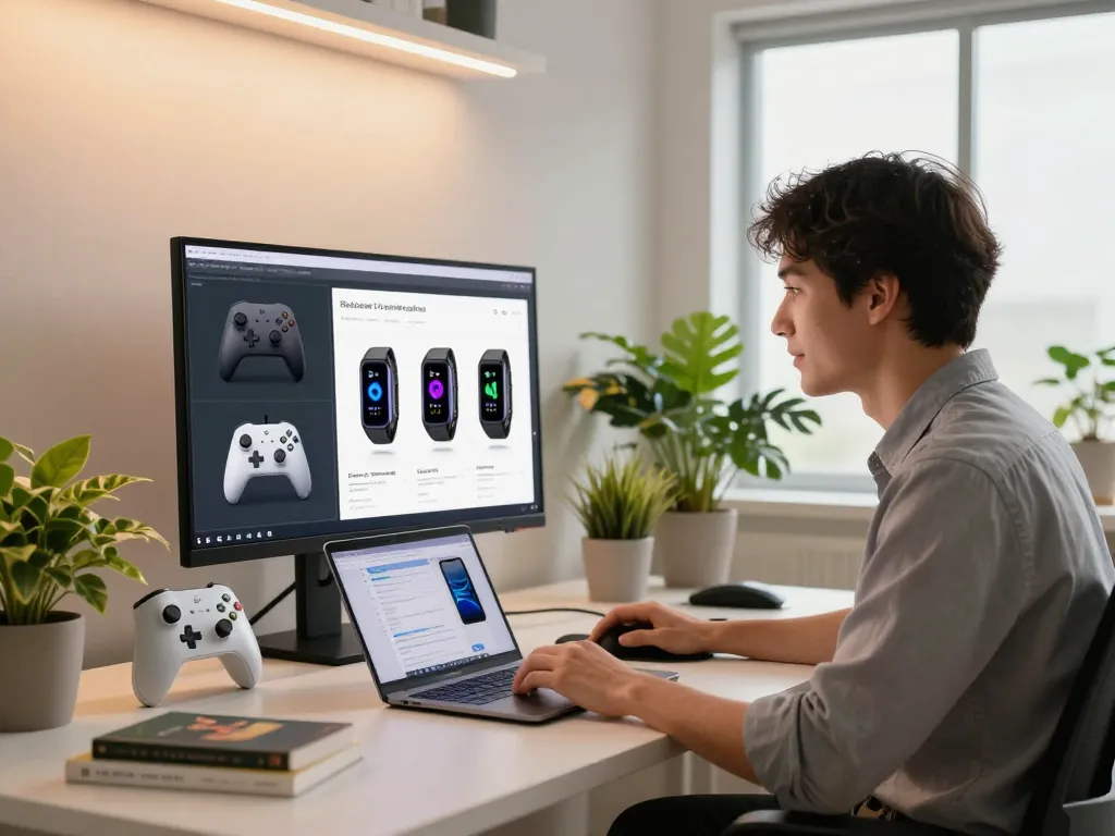 Engaging workspace showcasing innovative tech gadgets like Bluetooth controllers and health monitors in a bright, modern setting.