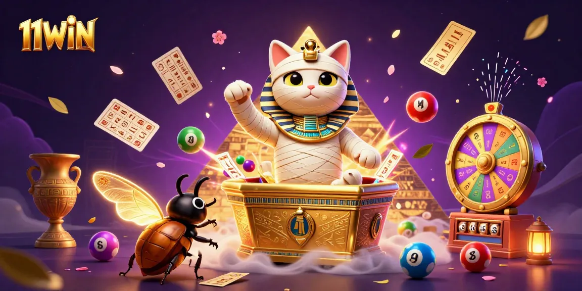 Engage players with thrilling lottery excitement at 11WIN, featuring dynamic colorful elements and ancient treasures.