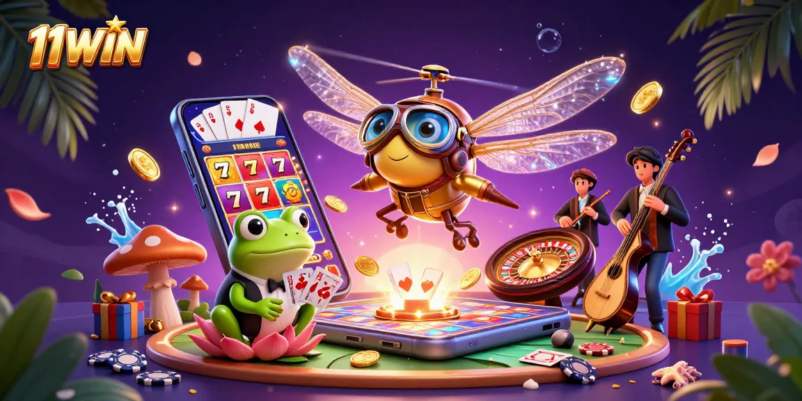Spin colorful slots and win at 11WIN with vibrant 3D casino illustration featuring engaging characters.