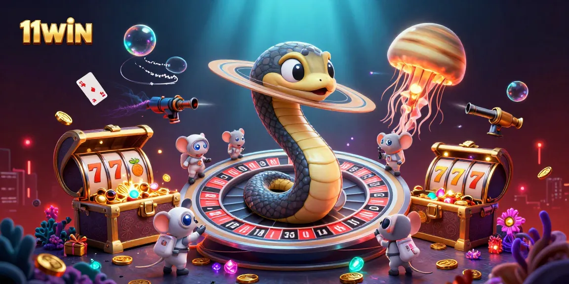 Experience the excitement of 11WIN with cosmic elements in this vibrant gambling scene.