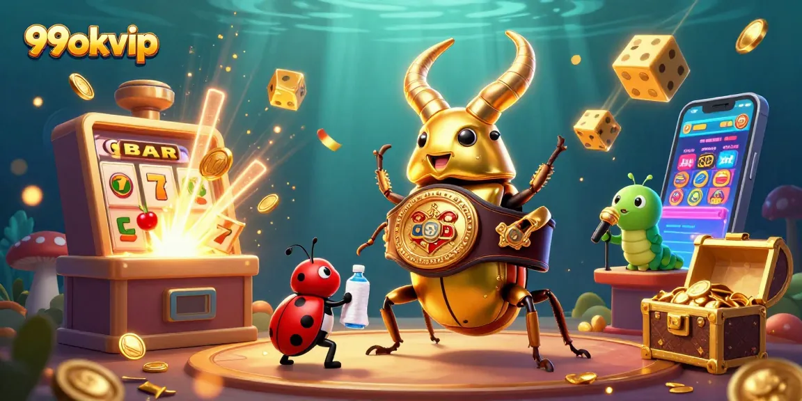 Engage with 99okvip's vibrant casino scene featuring a golden stag beetle and slot machine!
