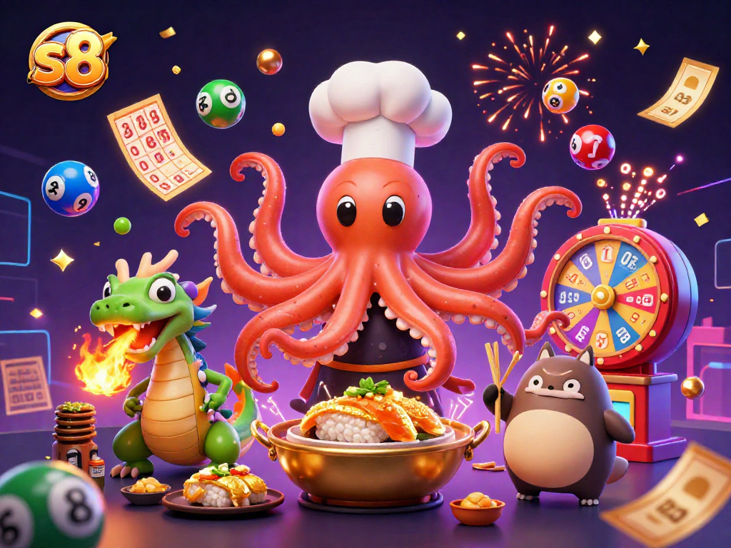 s8 offers an engaging lottery experience with a lively sushi octopus cooking in casino-themed atmosphere.