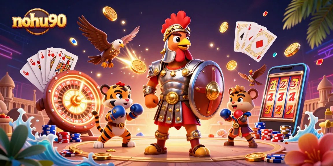 Experience exciting gaming adventures at nohu90 with the vibrant illustration of classic casino elements and characters.