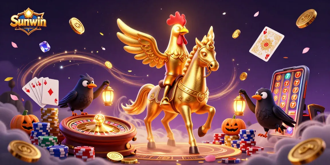 Join Sunwin for an adventure in a vibrant casino with golden symbols and energetic characters.