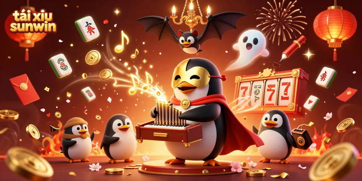 Engage in tài xỉu sunwin with a vivid 3D illustration of casino elements, including a penguin playing an organ.