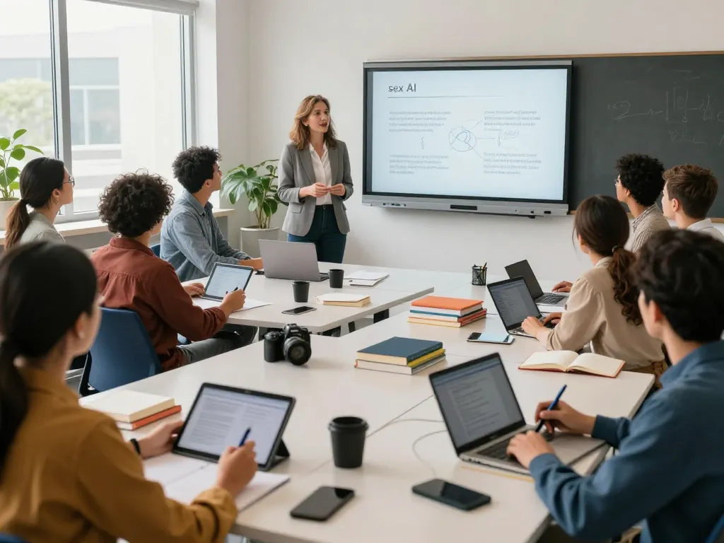 Classroom discussion on sex AI with diverse students engaged in learning about sexuality and technology.